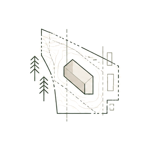 Architectural site plan with a building, trees, and property boundaries.