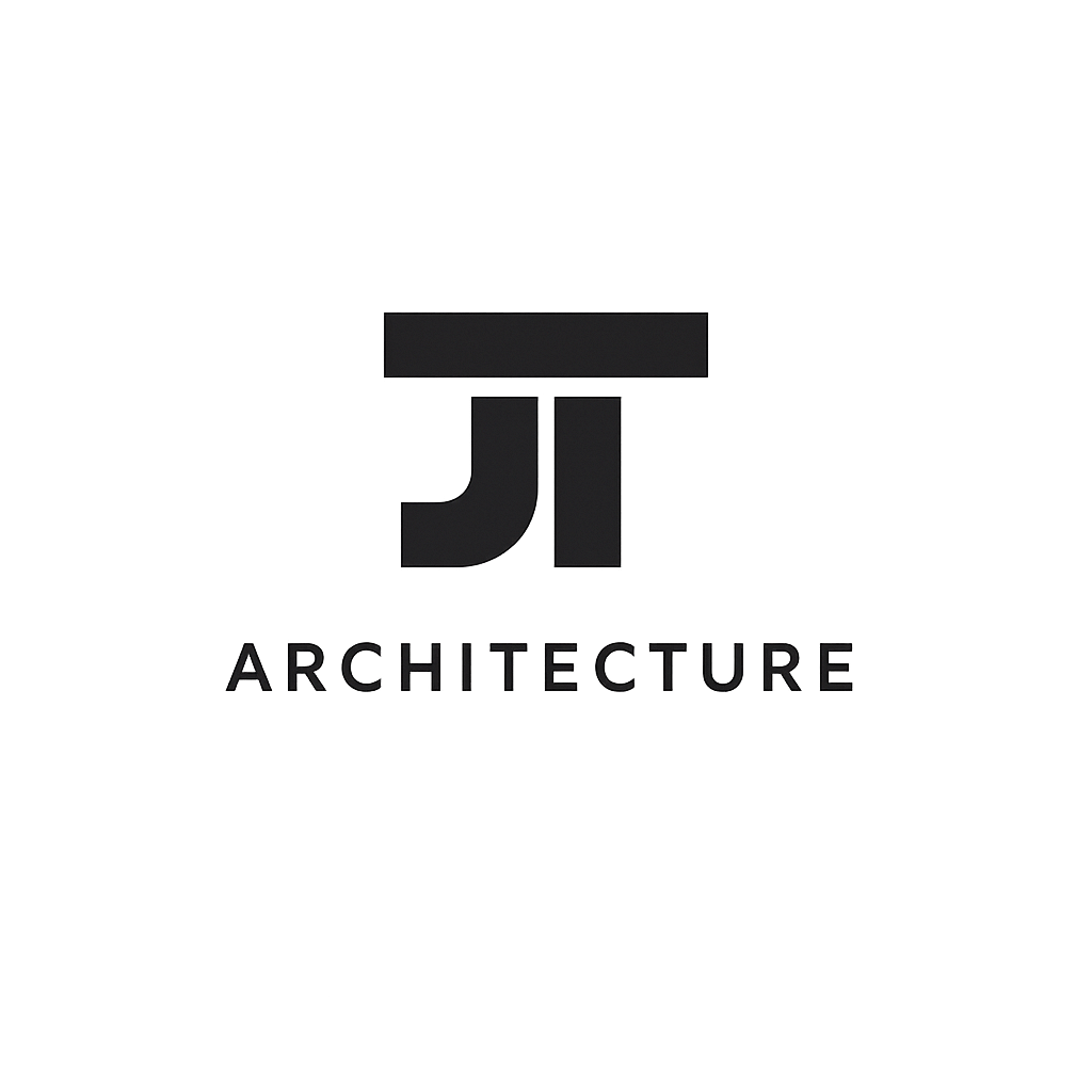 Logo for JI Architecture with a stylized 'J' and 'I' above the word 'ARCHITECTURE' in black on a dark background.