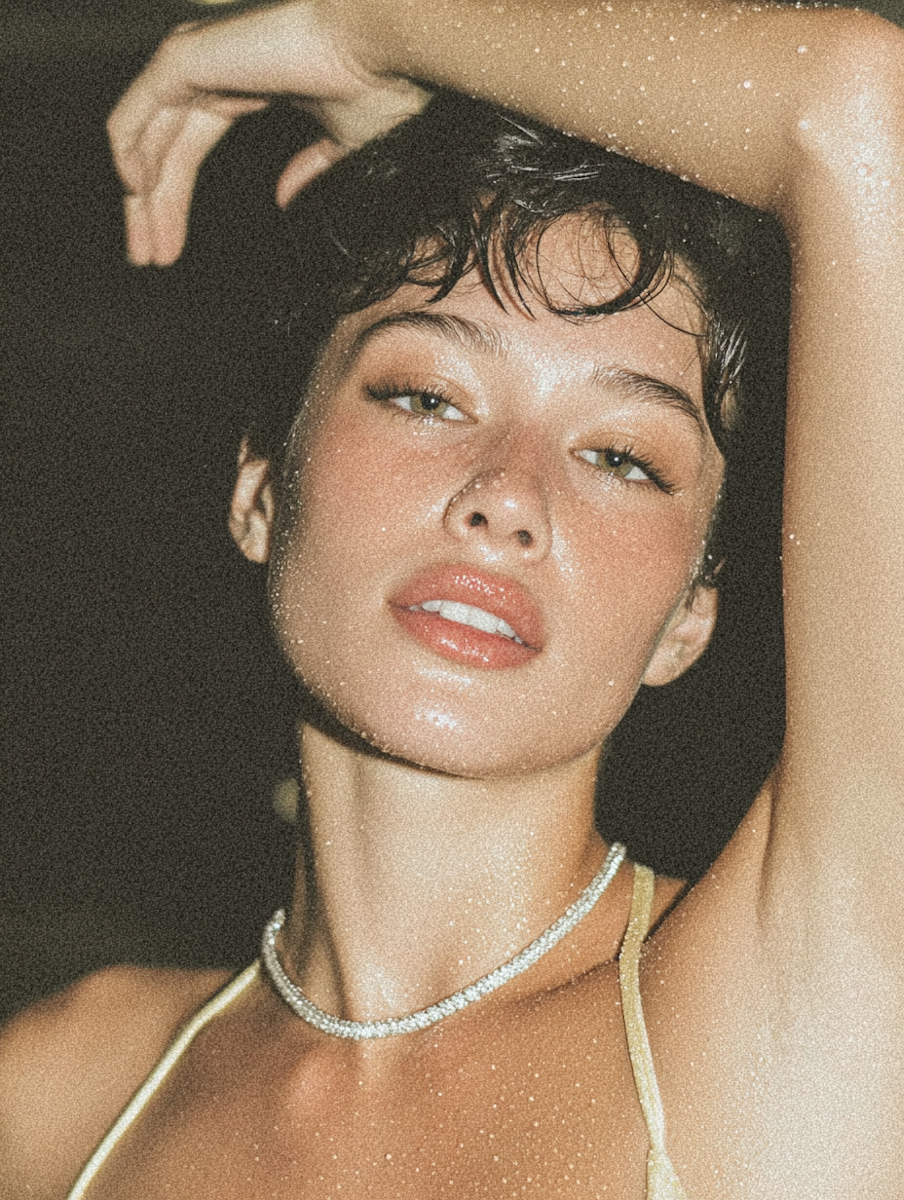 A woman with short, wet hair and water droplets on her face and shoulders, holding her arm above her head and looking at the camera, wearing a pearl necklace and a spaghetti strap top.
