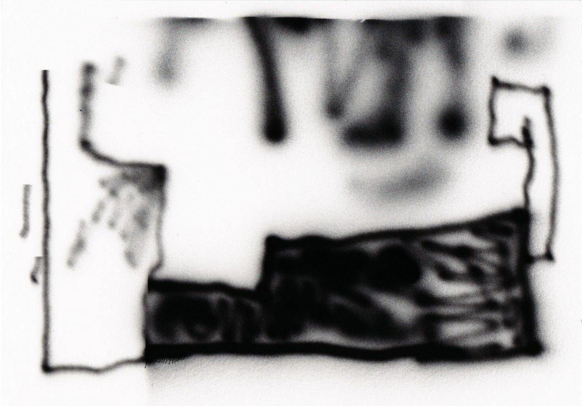 A black and white abstract drawing.