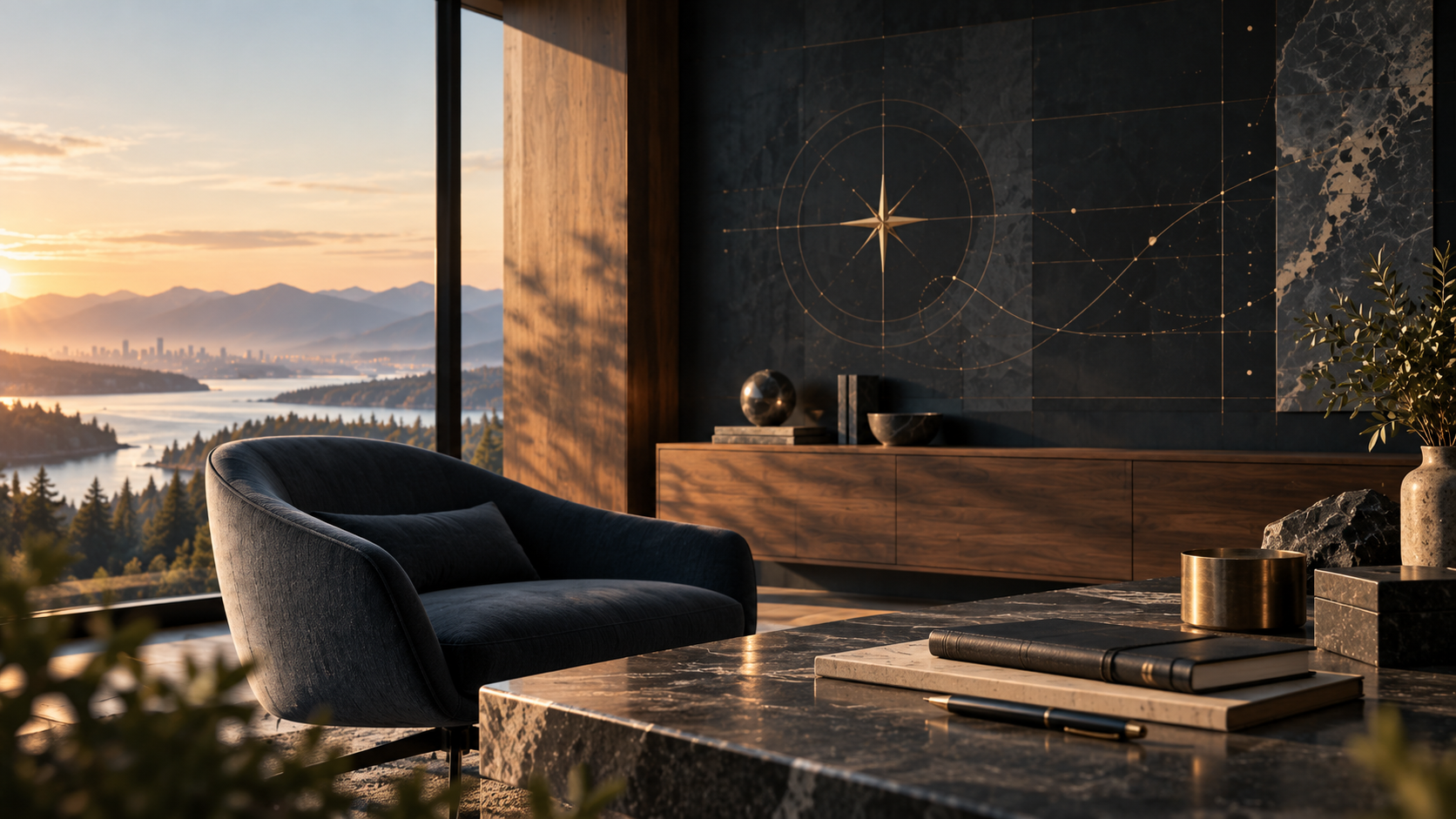 Modern interior office with a marble desk, black velvet chair, decorative objects, and a large window showing a scenic sunset view of mountains, water, and a city skyline.