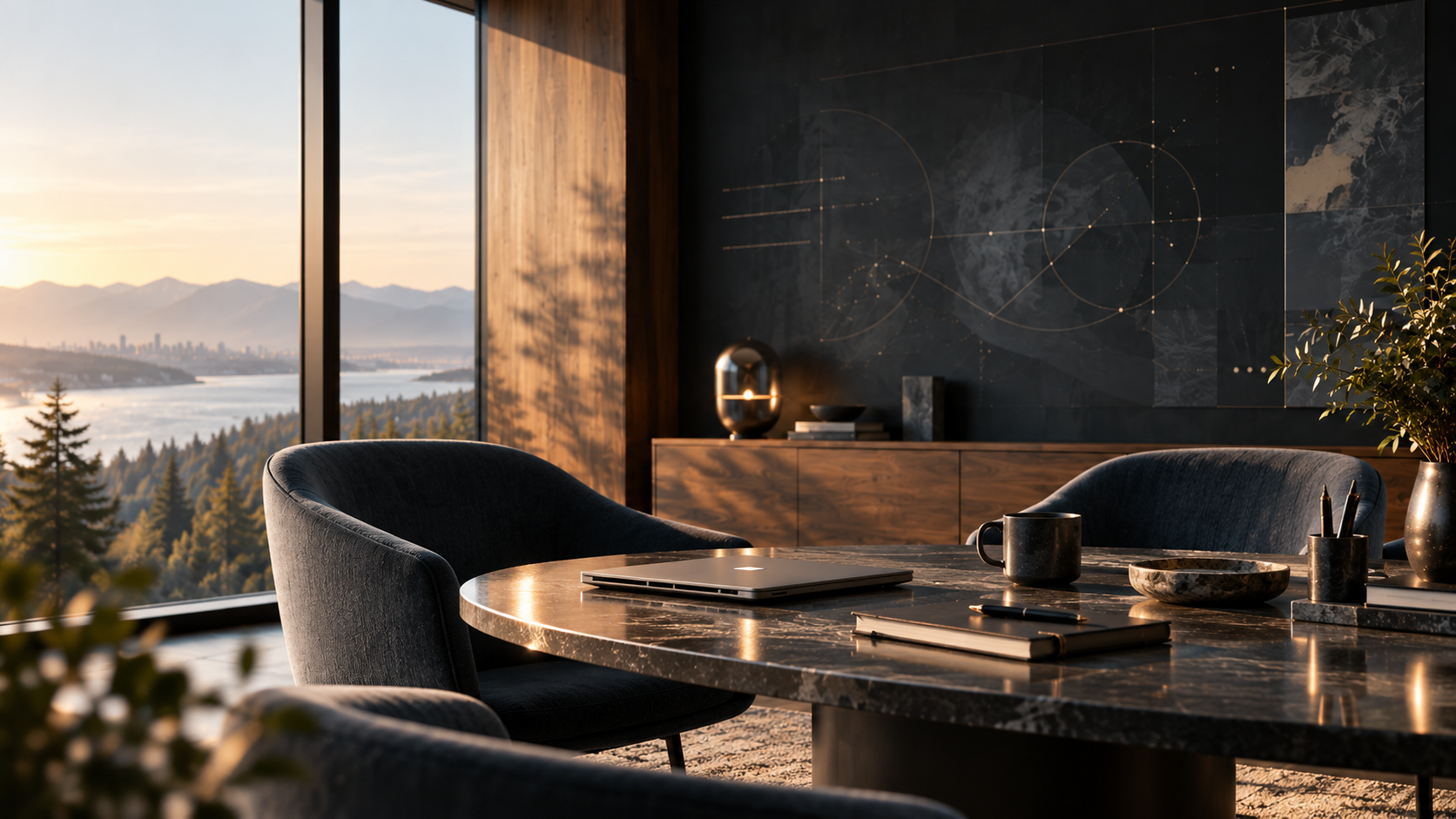 Executive strategy workspace overlooking mountains at sunset.