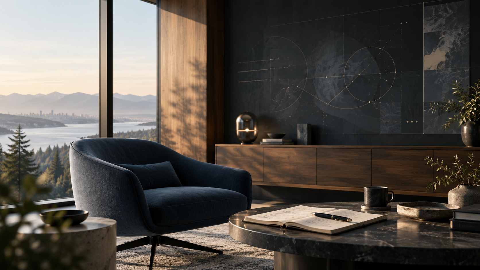 Executive workspace with mountain views and a strategy planning area.