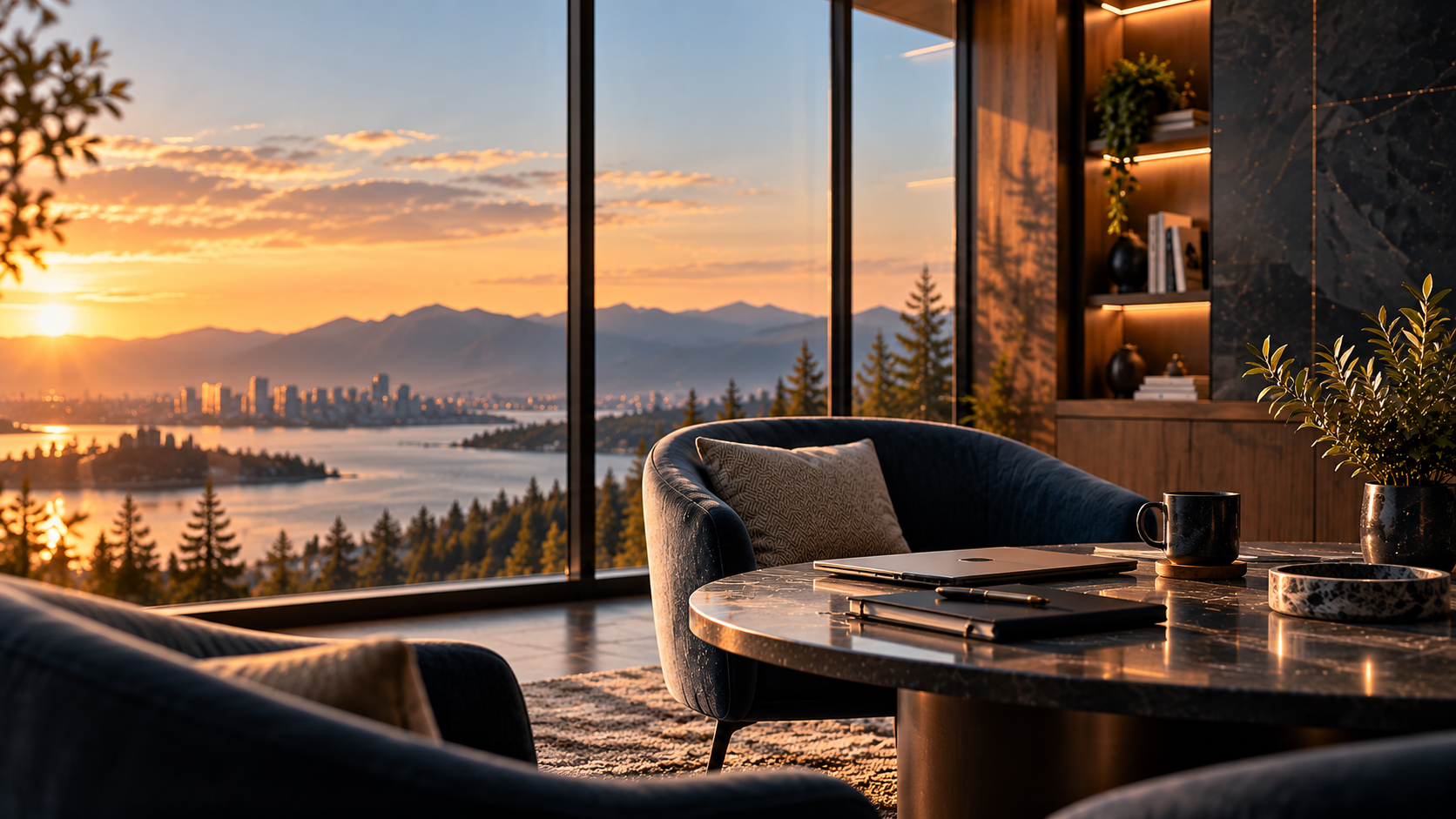 Executive meeting space overlooking a city and mountains at sunrise.