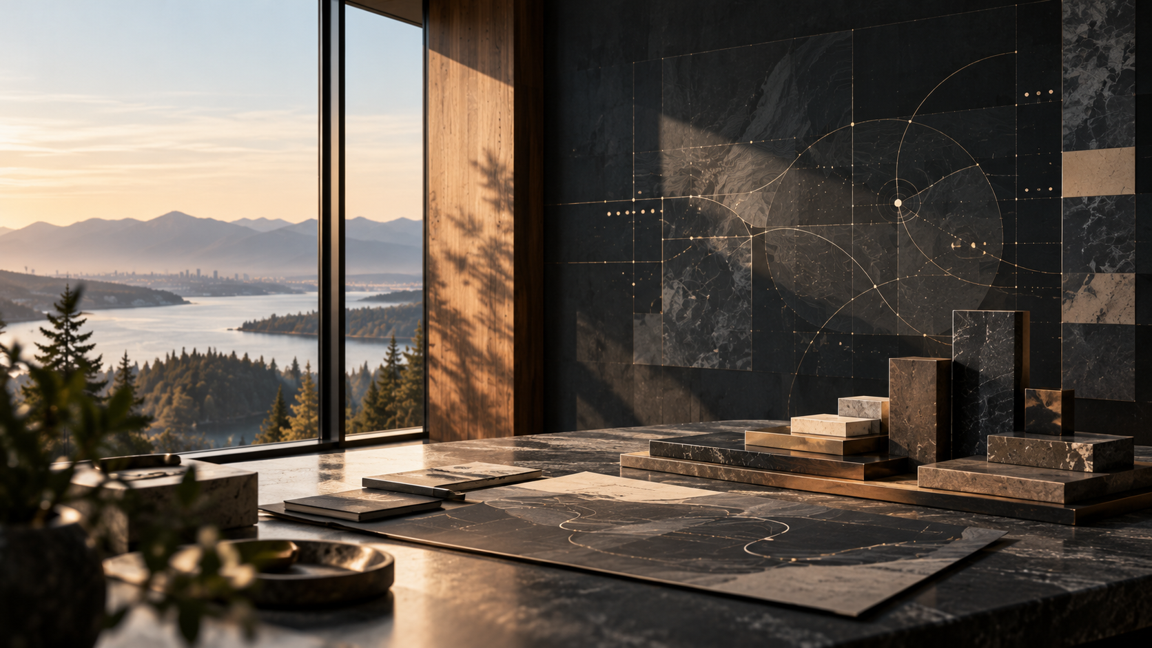 Luxurious interior with a large window overlooking a river, mountains, and a distant city skyline at sunset. The interior features dark marble walls with gold geometric patterns and a marble table with design models or samples, and a potted plant in the foreground.