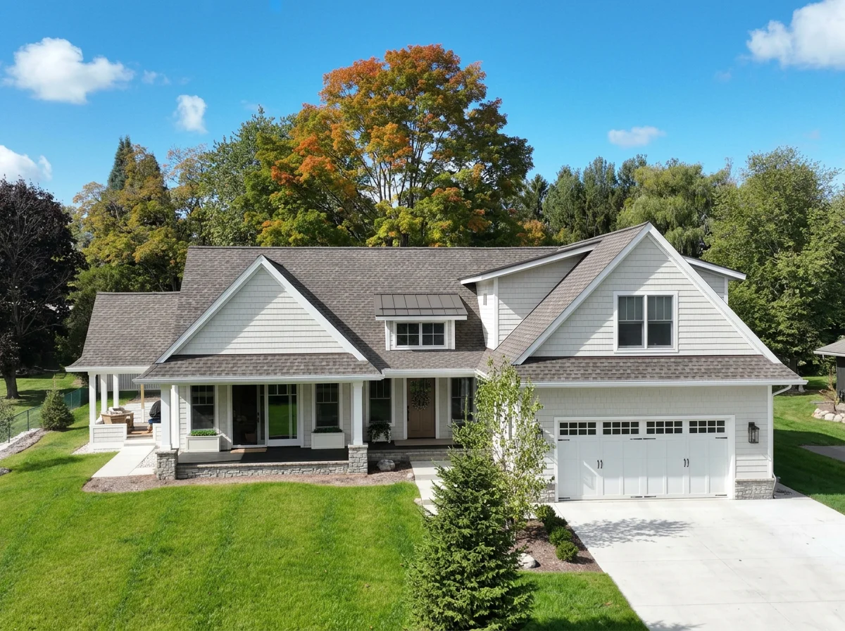 Modern white house with gray roof, front porch, attached garage, surrounded by green lawn and trees, under a blue sky with some clouds.