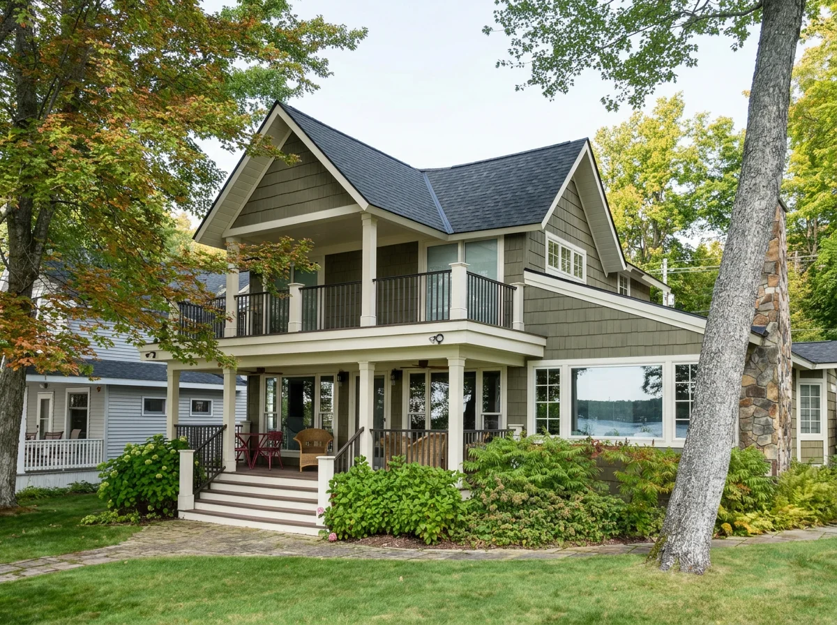 A two-story house with green siding, white trim, and a dark roof surrounded by trees and a landscaped yard with bushes and grass.