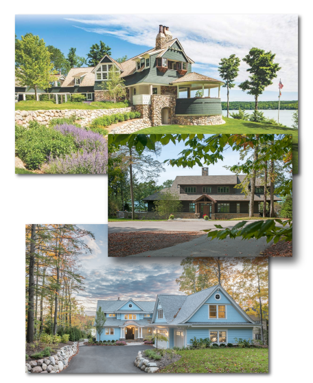 Three different houses in various scenic settings. The top house is a large, elegant home near a body of water with a stone foundation and lush landscaping. The middle house is a rustic cabin surrounded by trees with a gravel driveway. The bottom house is a bright blue, modern-style home with a spacious driveway and trees, set in a wooded area during autumn.