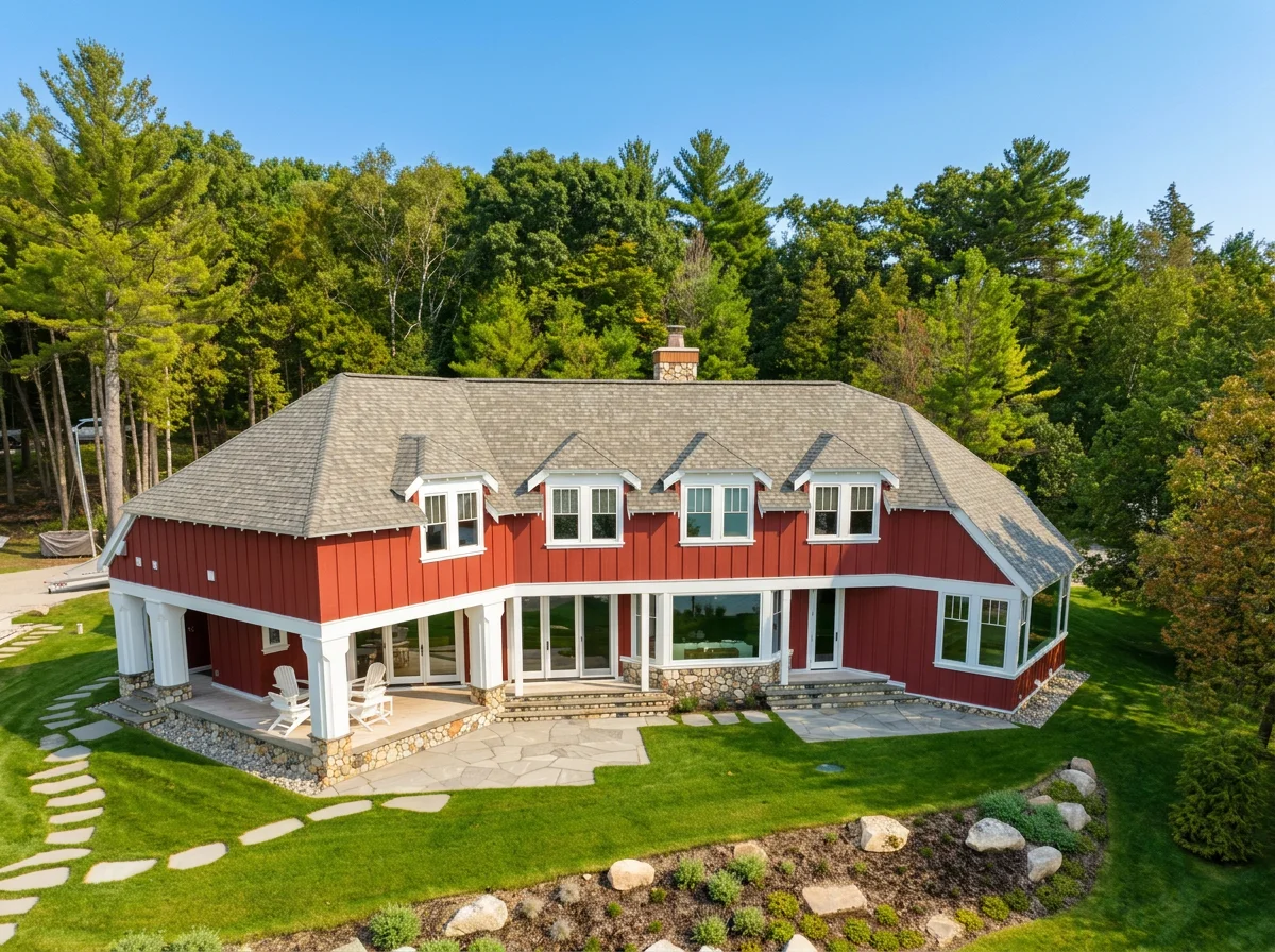 Red two-story house with a gray shingled roof, large windows, stone and white trim, backyard patio with chairs, surrounded by green lawn and trees.