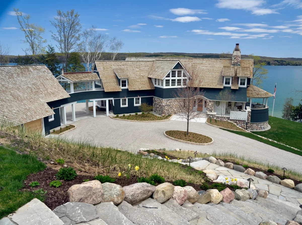 Large house by a lake with a gravel driveway, stone and wood exterior, and a front yard with a small tree, flower bed, and landscaped steps leading down to the street.