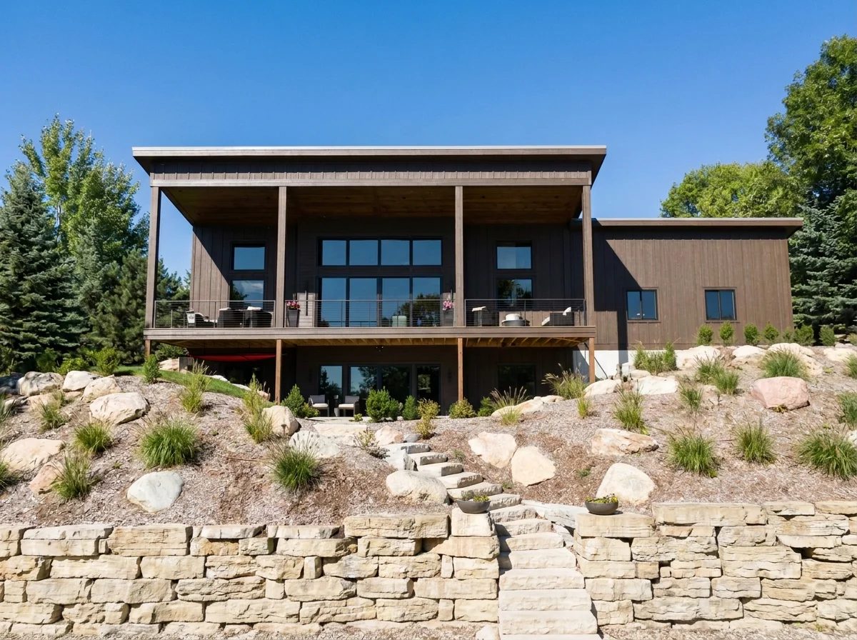 Modern two-story house with large glass windows and a spacious balcony, situated on a hillside landscaped with rocks and drought-resistant plants, under a clear blue sky.