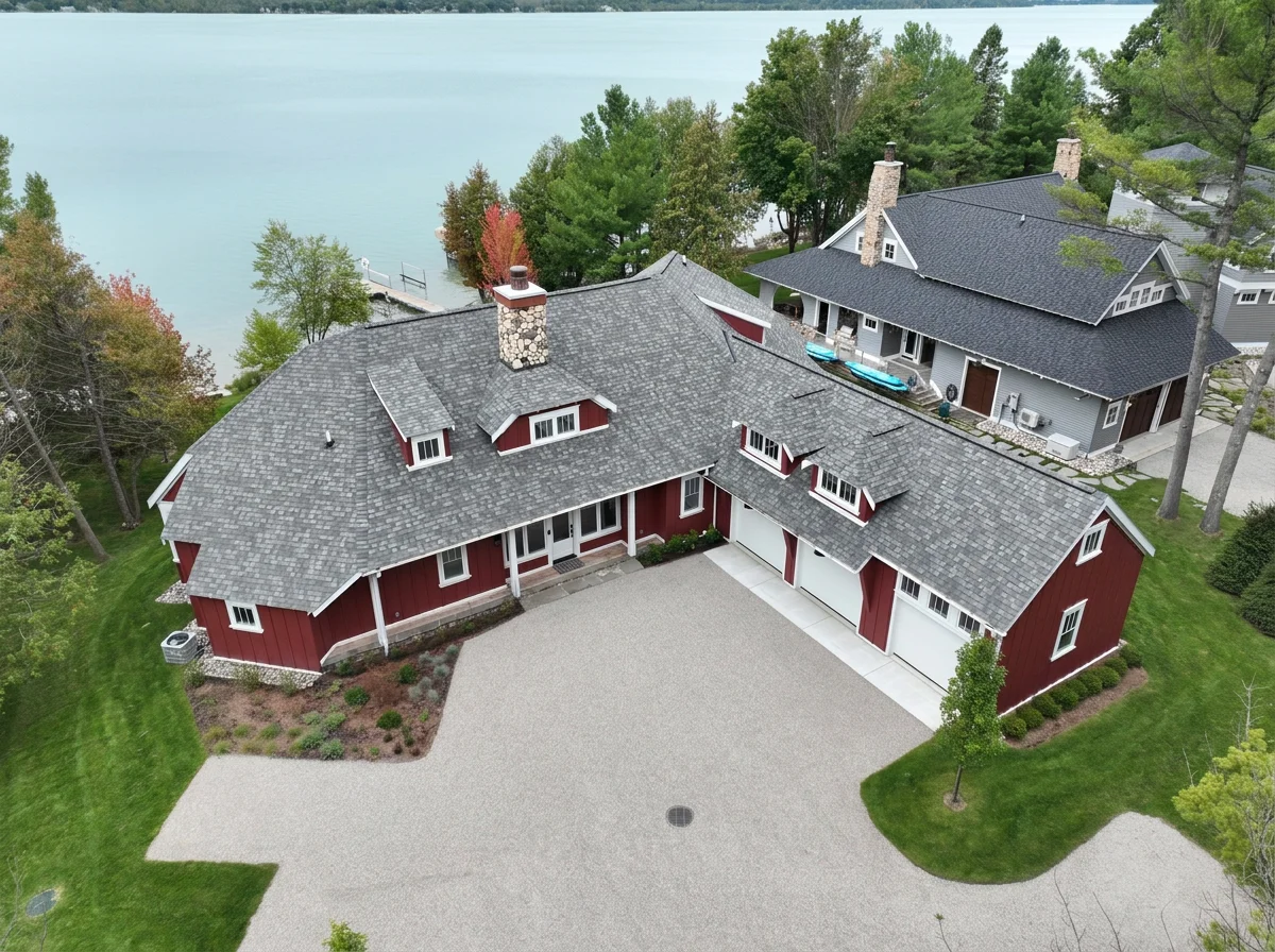 Aerial view of a large red barn-style house with a gray shingle roof, white trim, and a gravel driveway, located near a lake with trees and neighboring houses around.