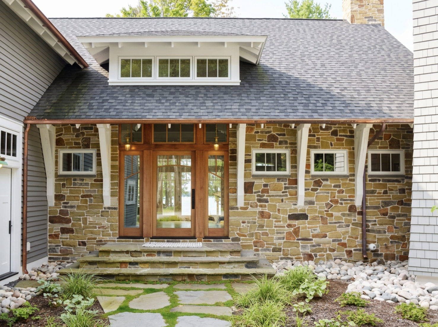 Front view of a house with a stone facade, wooden door, and small steps leading up to it. The house has a gabled roof and several small windows, surrounded by small plants and stones.