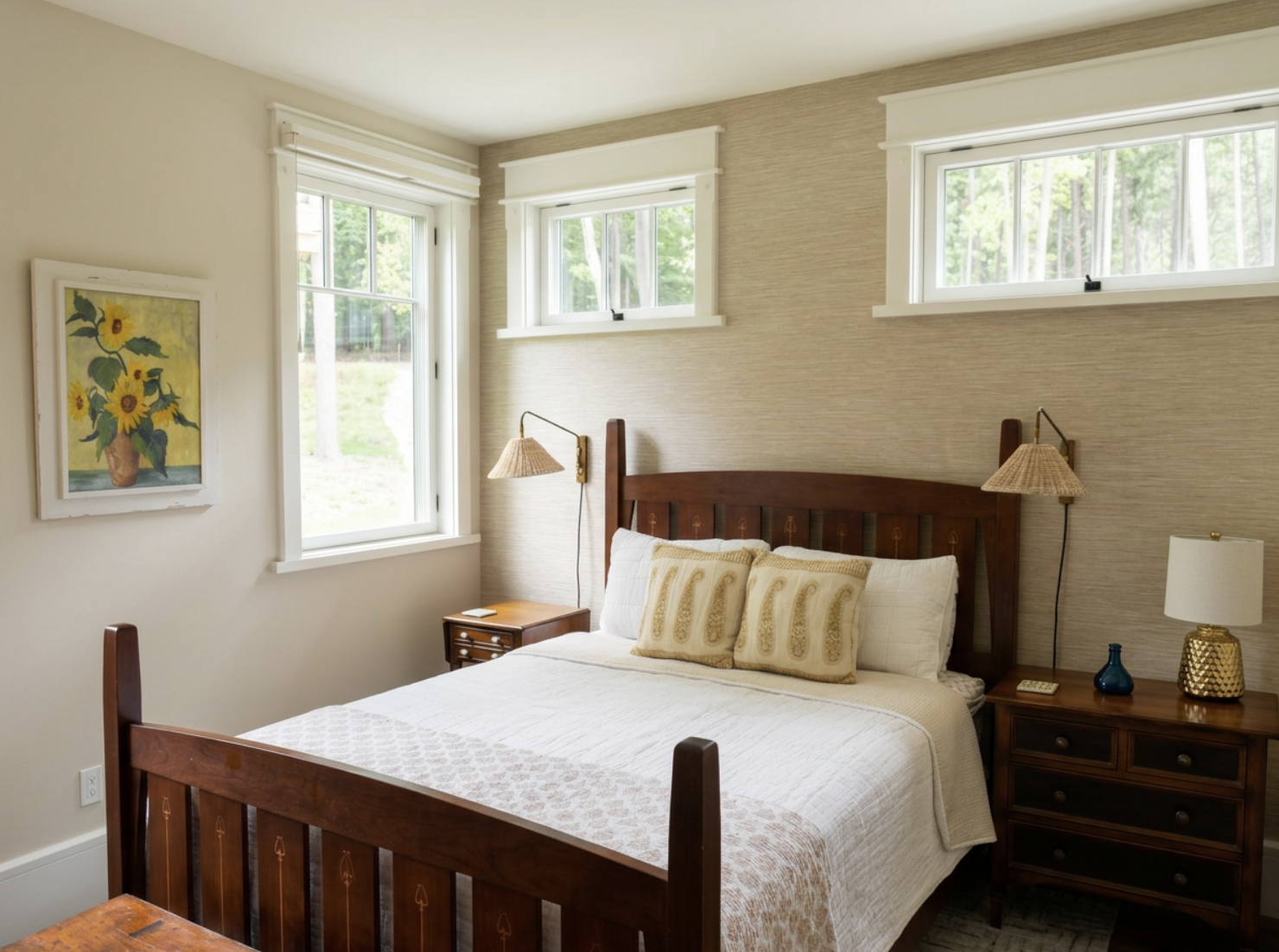 A cozy bedroom with a wooden bed, beige pillows, night tables on each side, and a dresser with lamps. Two windows and a glass door let in natural light.