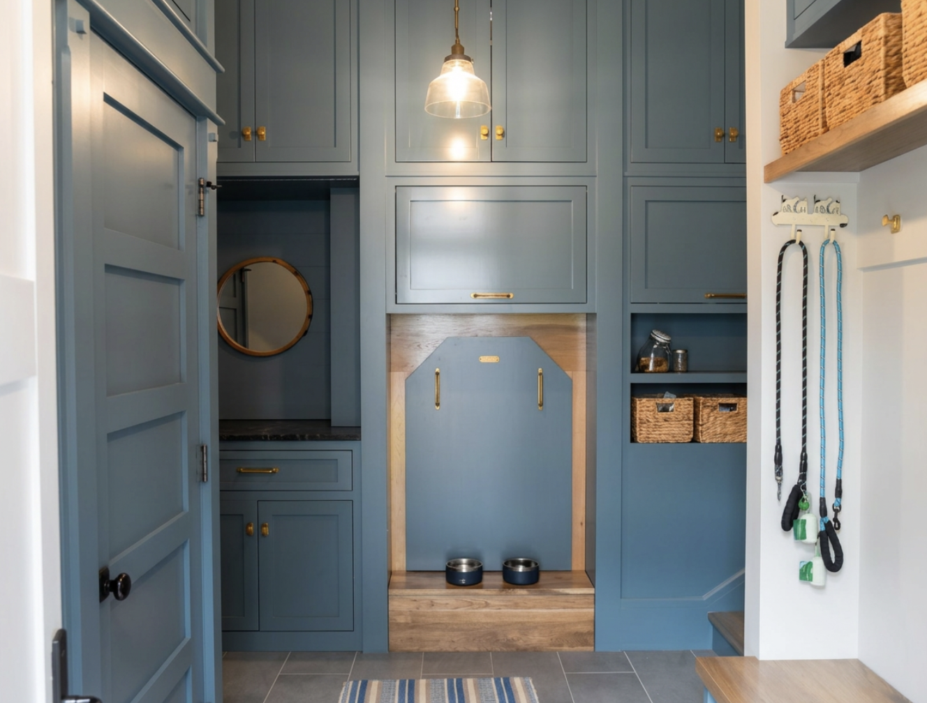 Blue built-in pet feeding station with a closed cabinet, a small door, and two bowls, surrounded by storage cabinets, shelves with baskets, and pet accessories hanging on the wall.