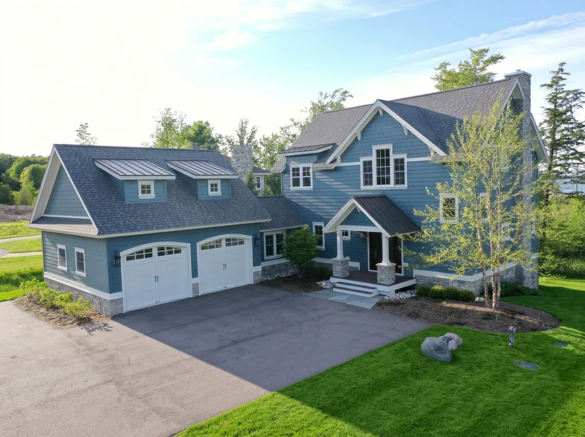 A large, two-story blue house with white trim and a attached two-car garage, surrounded by a green lawn and trees under a partly cloudy sky.