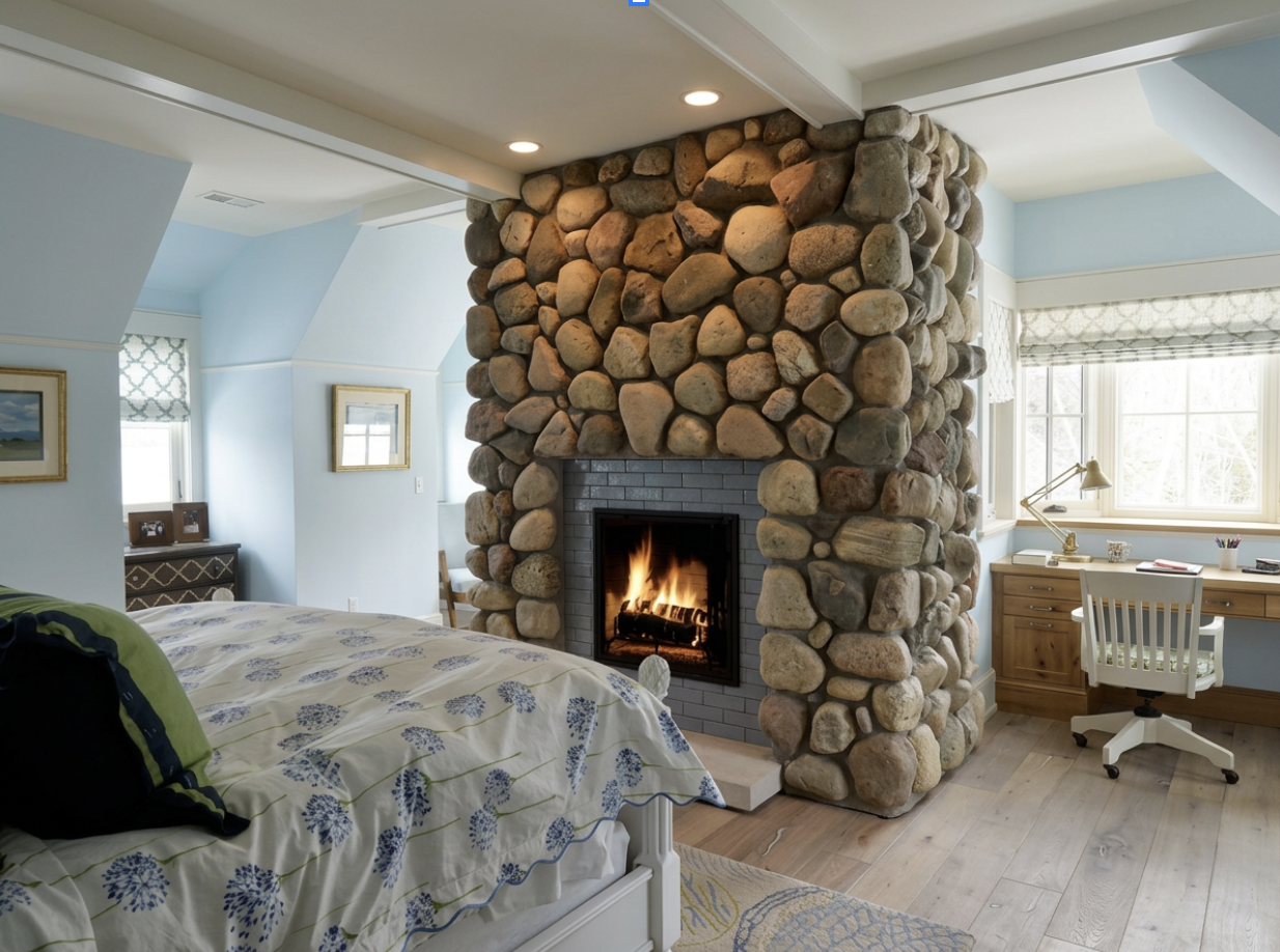 A bedroom with a stone fireplace and a bed with floral bedding. There is a wooden desk with a white office chair near a large window.