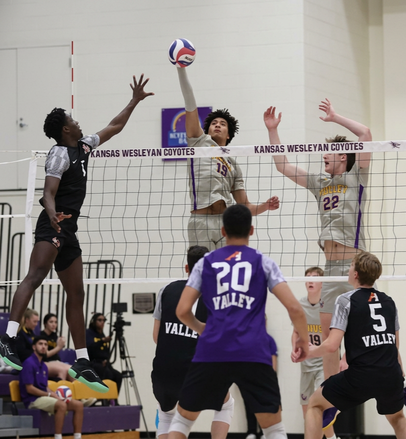 A volleyball game with players from Kansas Wesleyan Coyotes and Valley teams. Two players from Valley are jumping to block a spike from a Coyotes player who is hitting the ball over the net. The game is taking place indoors at a volleyball court.