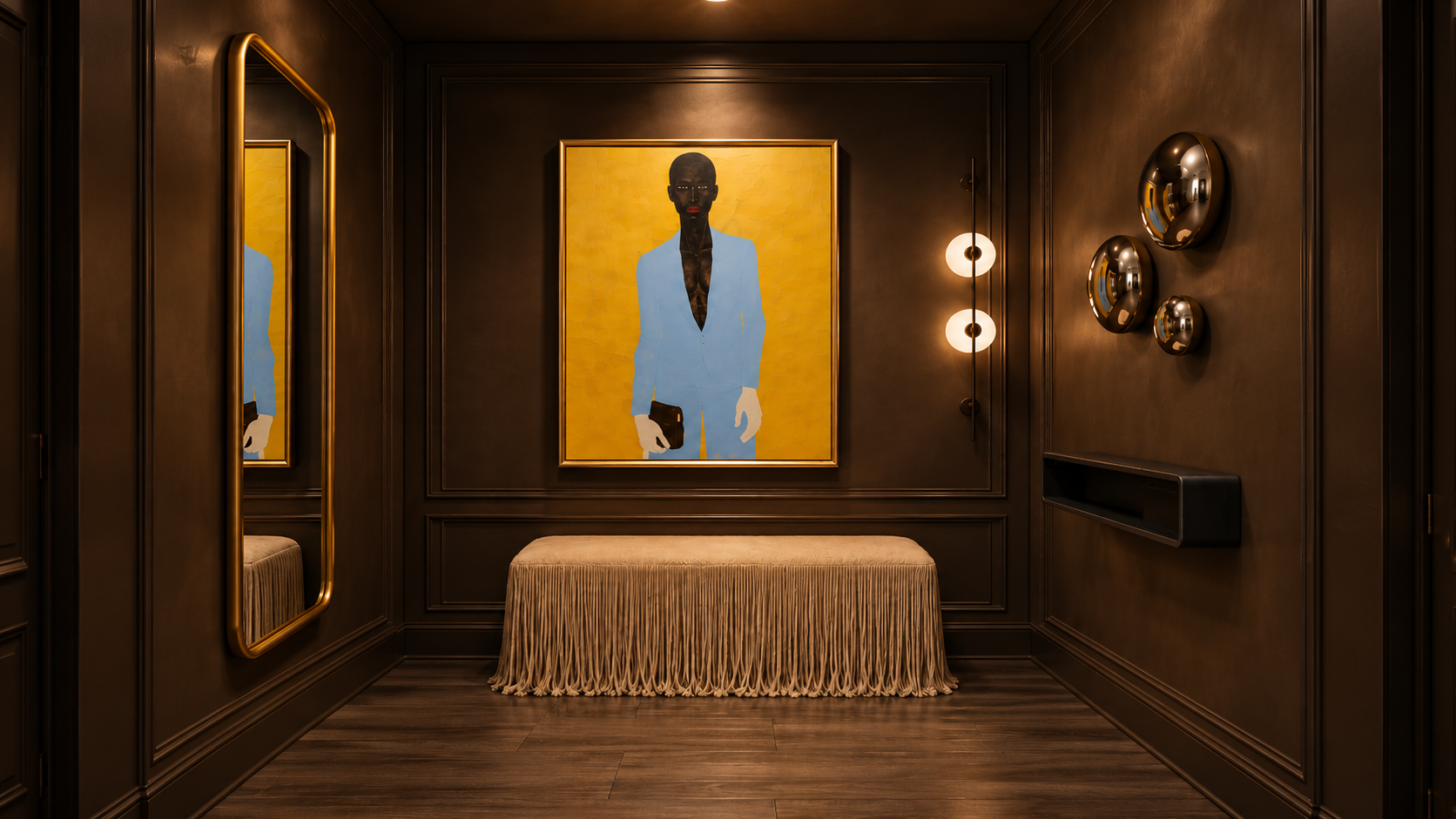 A small, dimly lit room with dark brown walls, featuring artwork of a black man in a blue suit, a mirror on the left, and three shiny metallic wall decorations on the right. There are three round wall lights on the right side and a beige upholstered bench in front of the painting.
