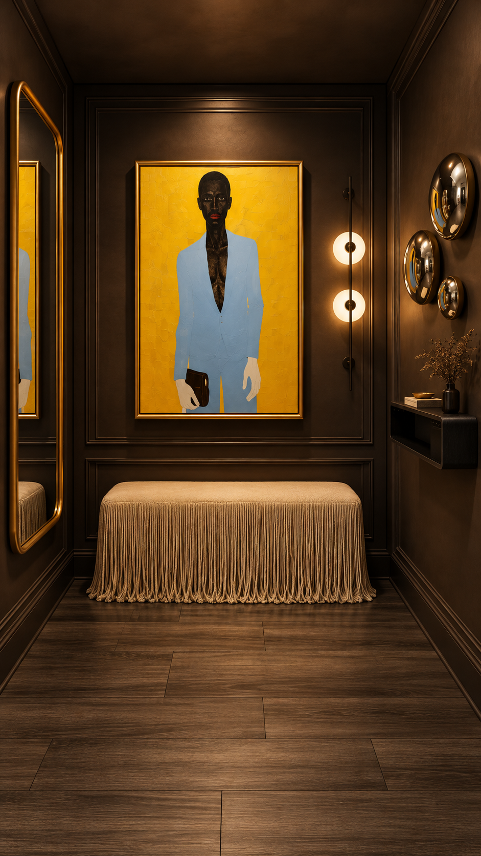 A luxurious hallway with dark walls, a large framed painting of a woman in a light blue suit holding a clutch, illuminated by modern wall sconces, with decorative mirrors and a beige pleated bench.