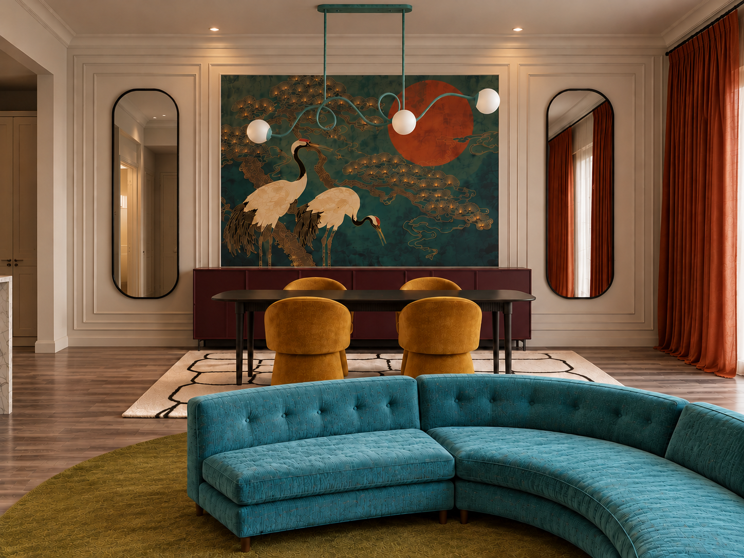 Living room with teal sectional sofa, yellow chairs, and a large Asian-style painting of cranes and a red sun on the wall.