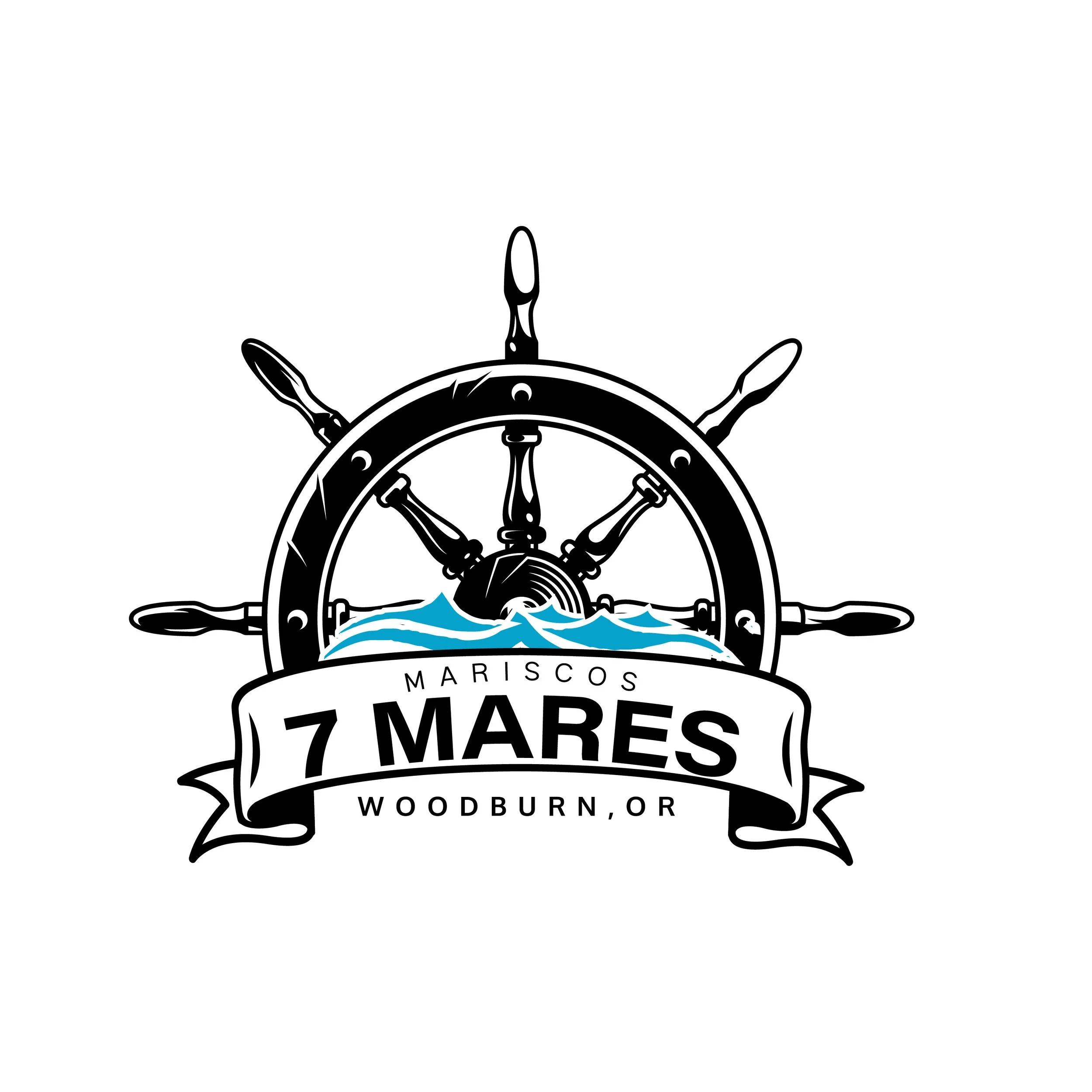 A black and white illustration of a ship's steering wheel with the logo of 7 MARES and the location Woodburn, OR.