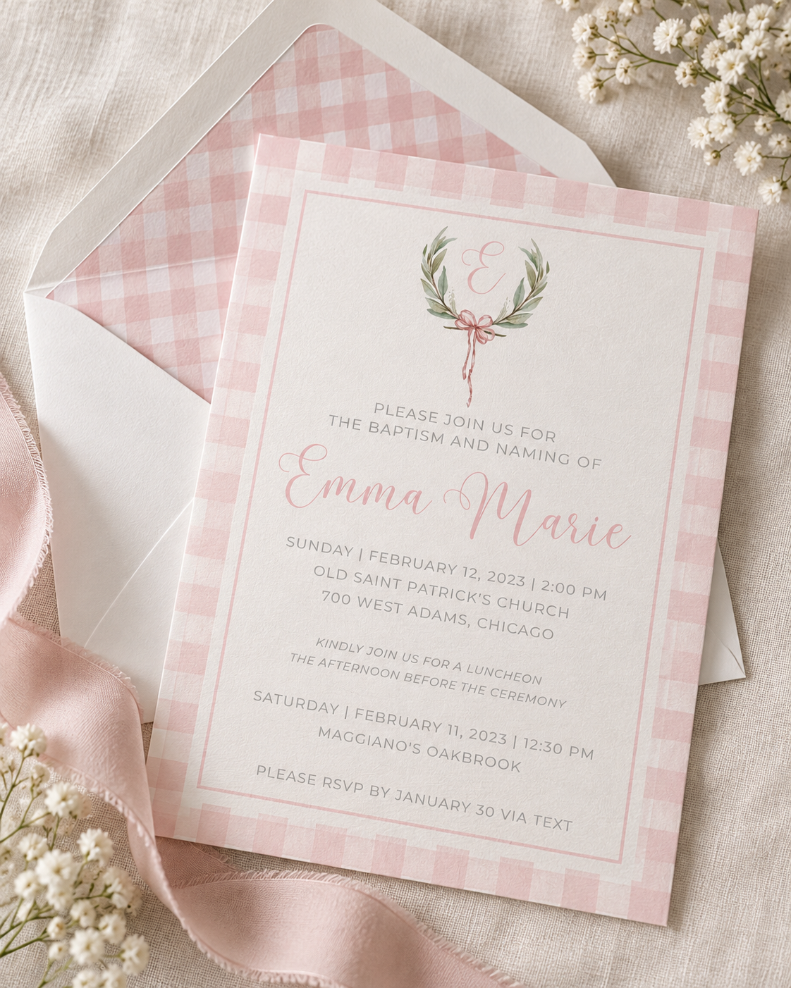 Elegant Pink Gingham Baptism Invitation.png