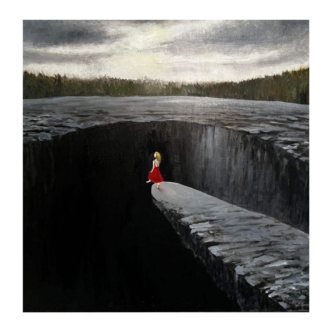 A painting of a woman in a red dress standing on a narrow ledge at the edge of a deep, dark chasm, with a gray sky and forest in the background.
