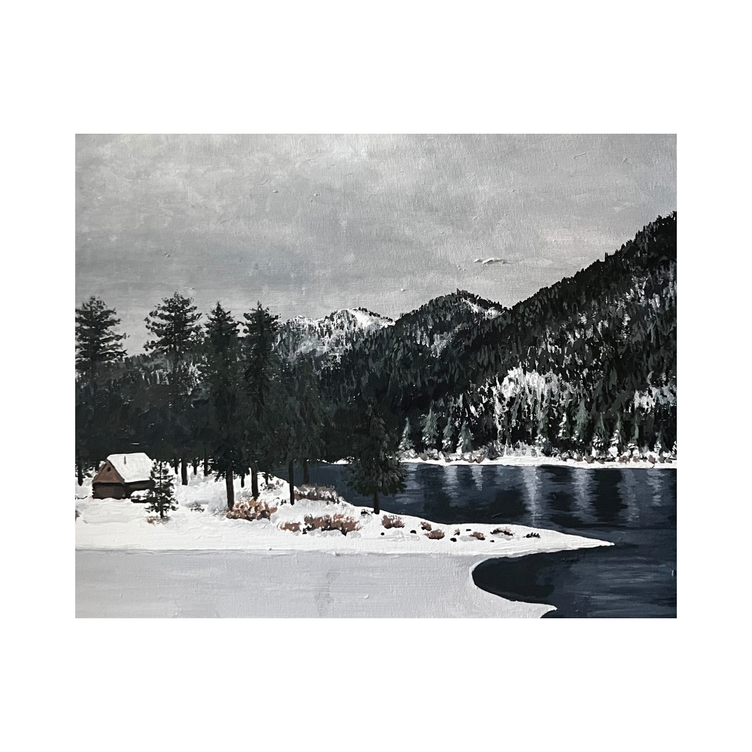 Painted landscape of a winter scene with snow-covered ground, a small wooden cabin, pine trees, a river, and mountains in the background under a cloudy sky.