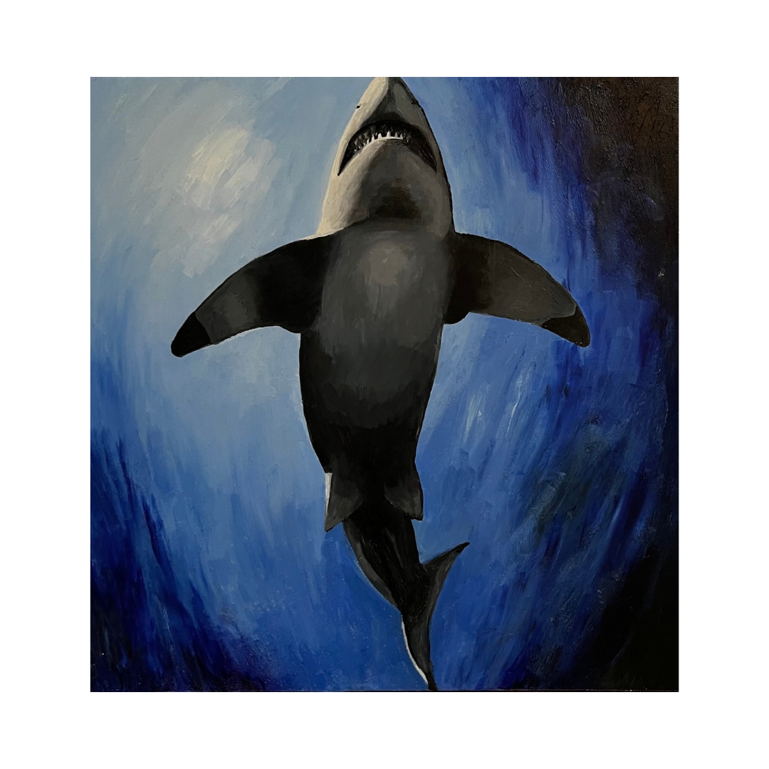 Painting of a shark swimming downward in blue water, with a dark background on the right side.