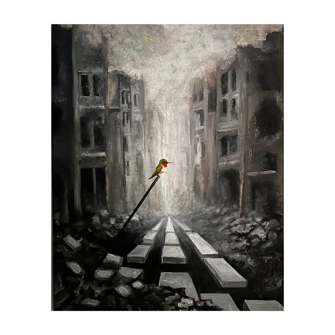 A painting of a abandoned city street with damaged buildings and debris, featuring a small colorful bird perched on a stick in the foreground.