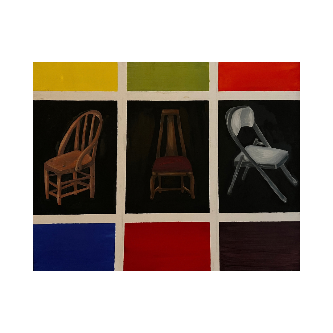 Painting of three different chairs arranged in a grid with colorful background squares.