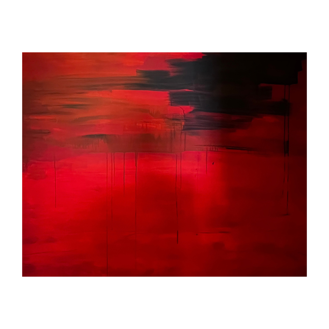 Abstract painting with dark red and black horizontal brushstrokes, with vertical red and black drips.