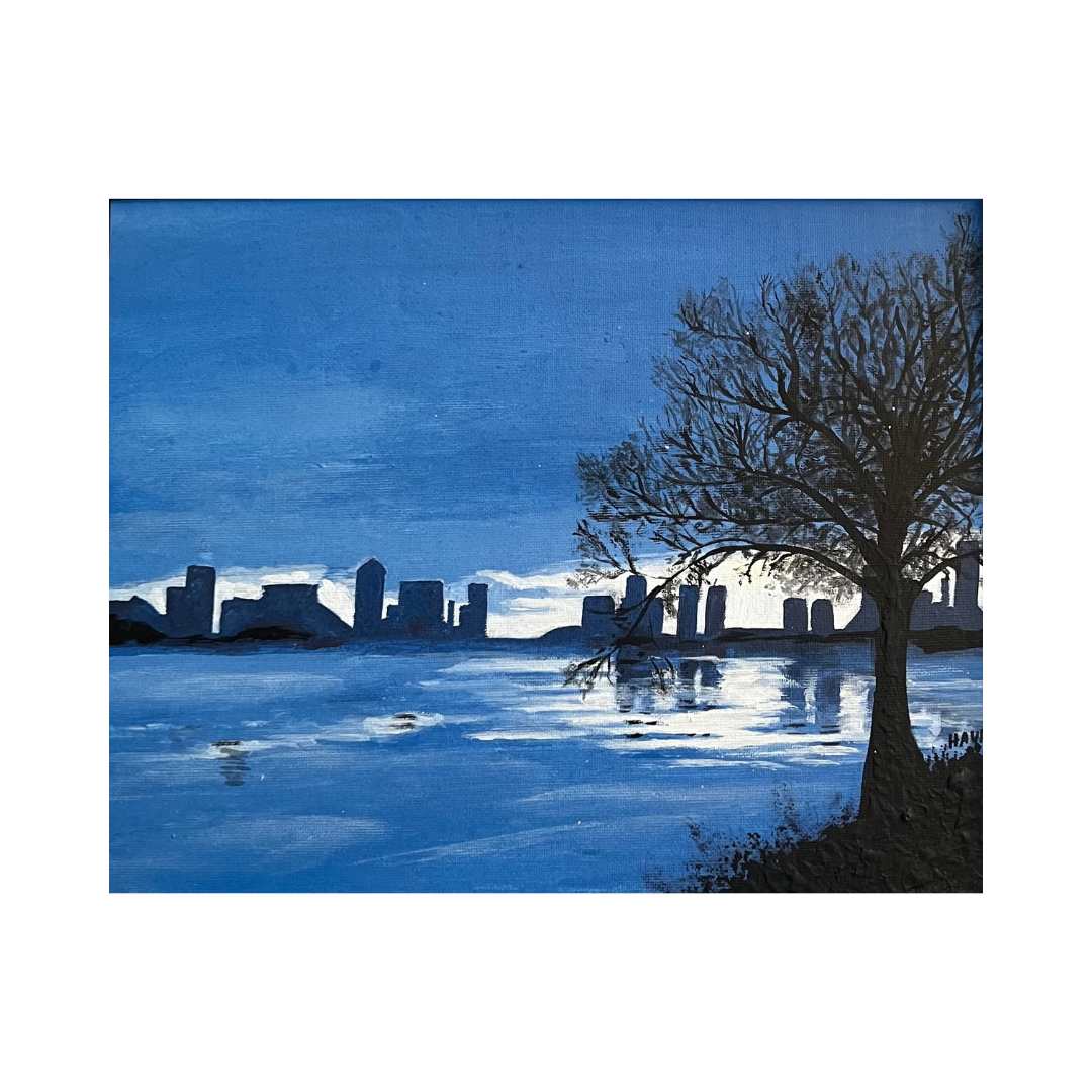 Painting of a city skyline at sunset with a large tree in the foreground, reflecting on a body of water.