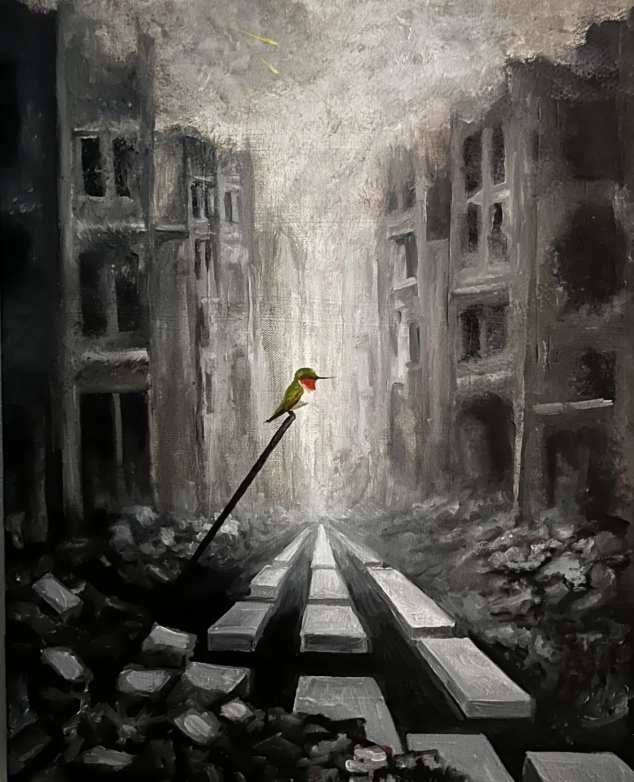 war-torn street, piles of rubble, war zone, painting