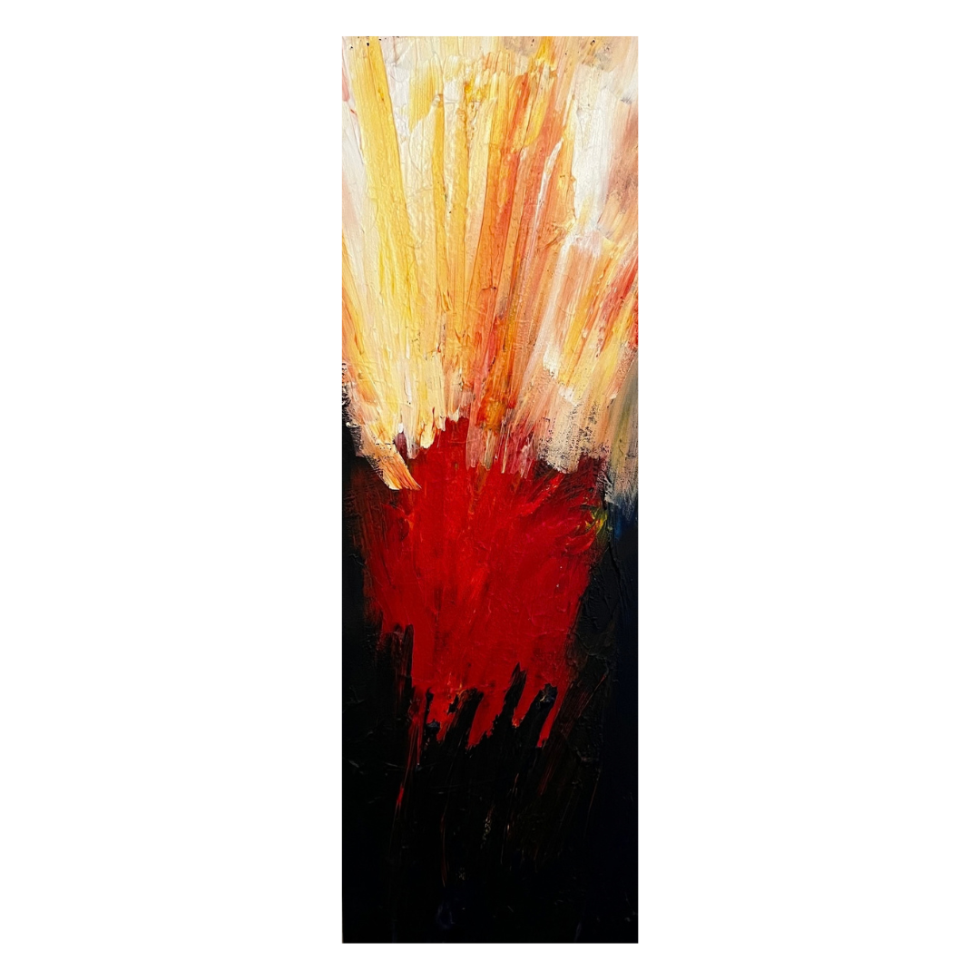Abstract painting with bold red, orange, yellow, and black brushstrokes.