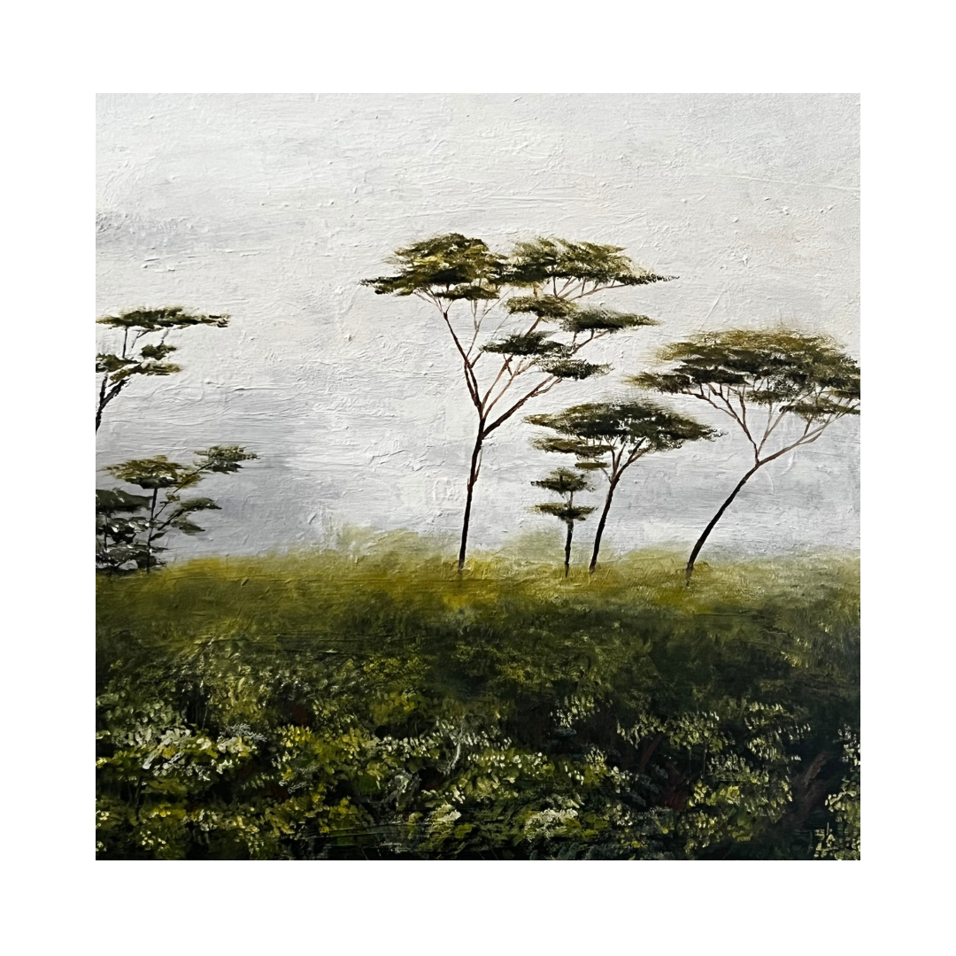 A painting of five tall, thin trees with sparse foliage, set against a textured white background and a dense green foreground.
