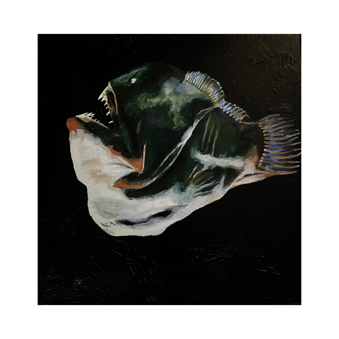 Painting of two fish against a black background, one with dark green and black coloring, and the other with white and orange accents.