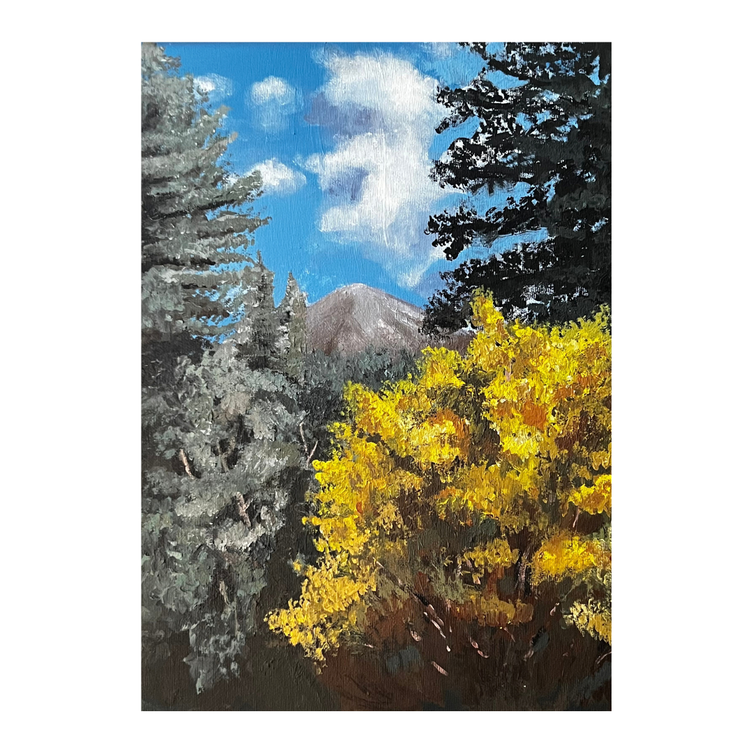 A painting of a mountain landscape in Lake Arrowhead, CA featuring tall trees with green and yellow foliage, a blue sky with clouds, and a mountain in the distance.