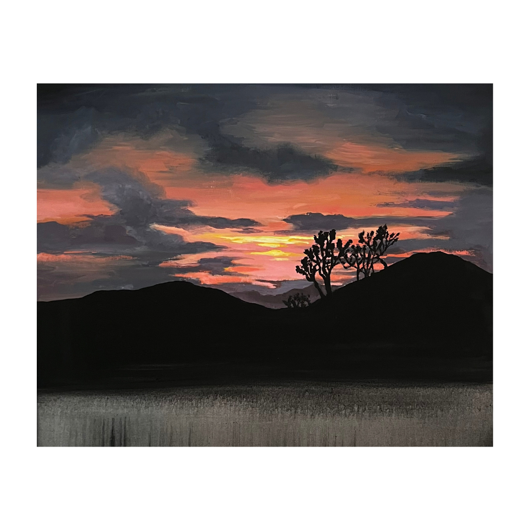 A painting of a sunset over mountains, with dark silhouettes of trees in the foreground and a colorful sky with shades of pink, purple, orange, and yellow.