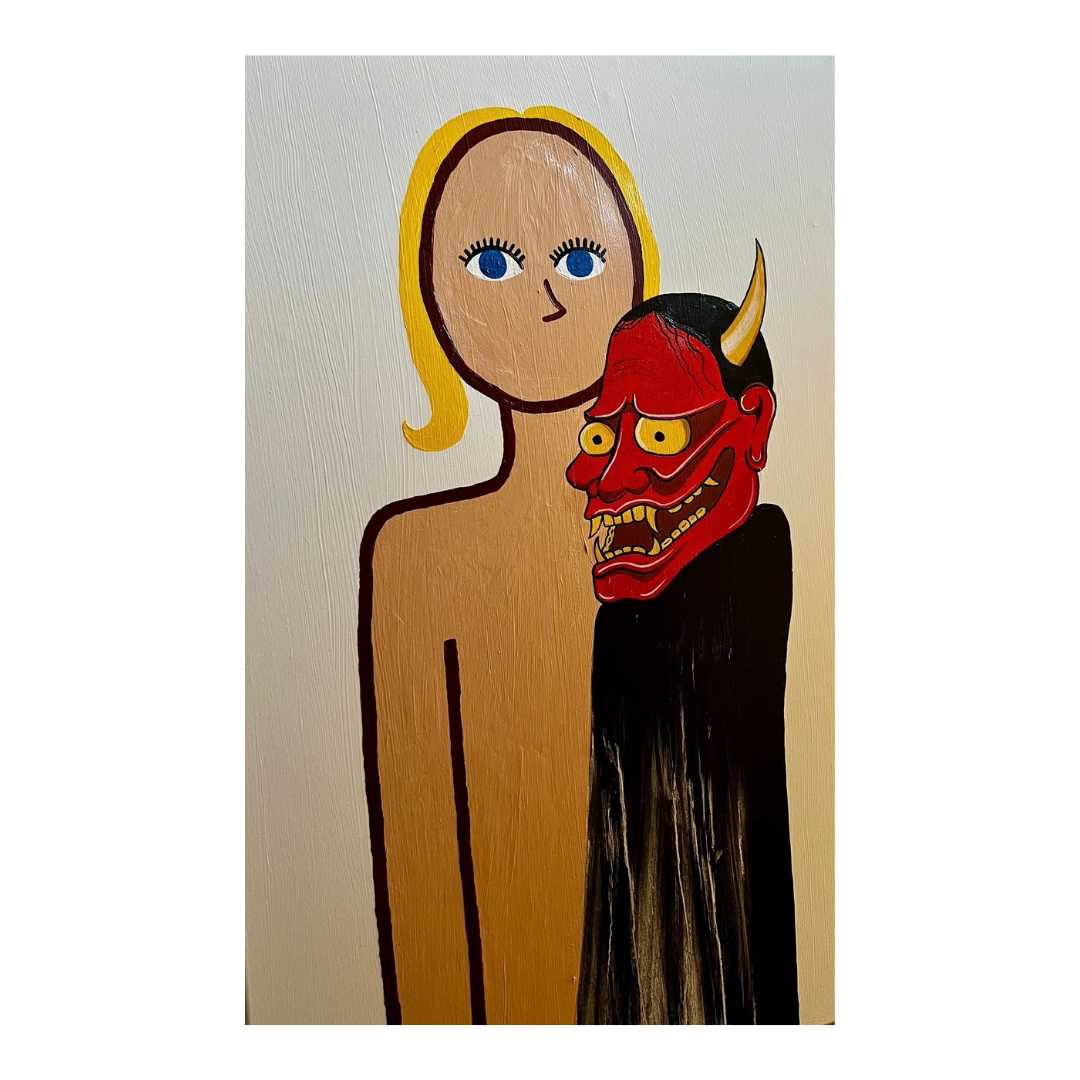 A painting of a person with a simple face and blonde hair beside a traditional red demon mask with horns, red skin, and exaggerated features.