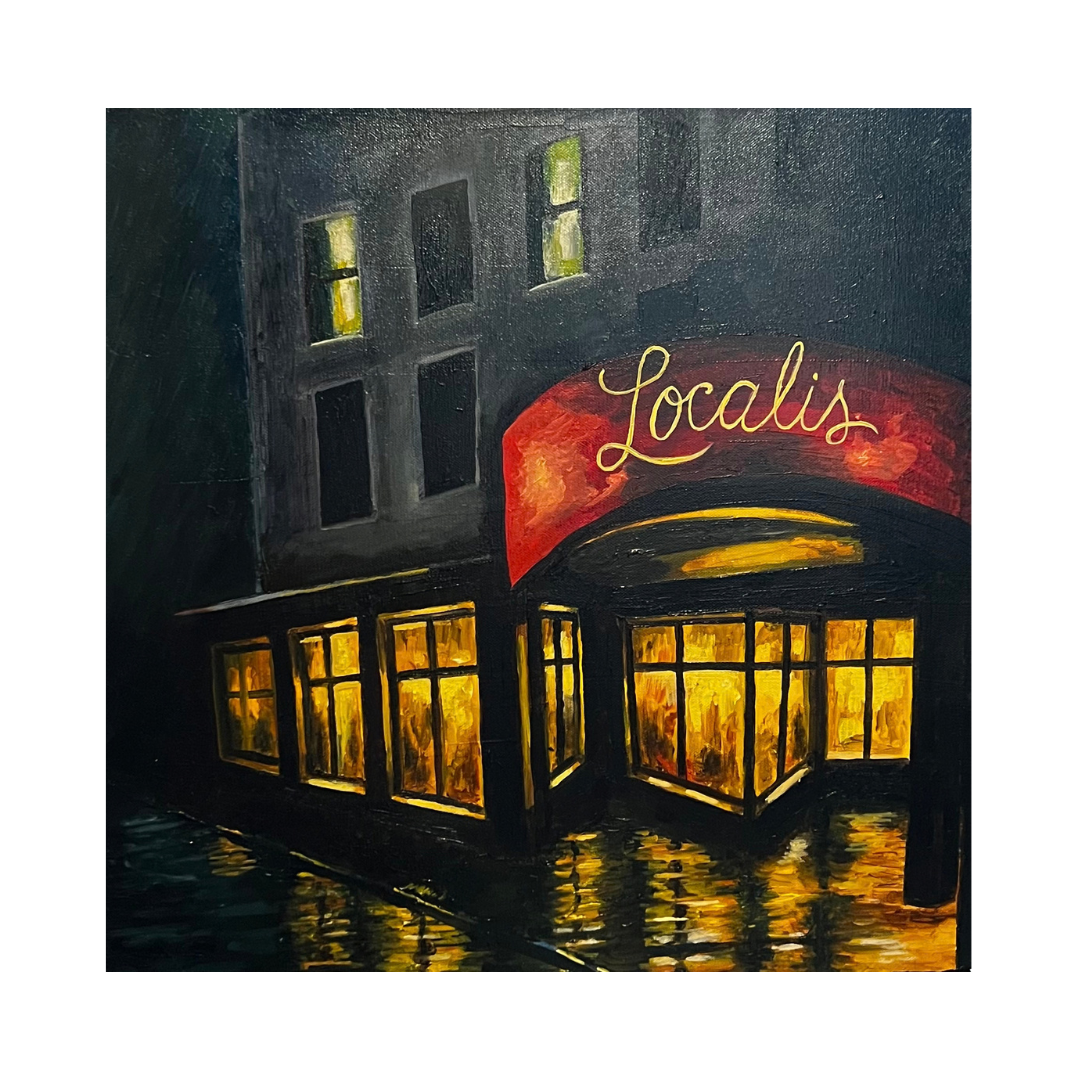 Painted illustration of a building with illuminated windows at night, featuring a red awning with the word "Localis" written in yellow cursive.