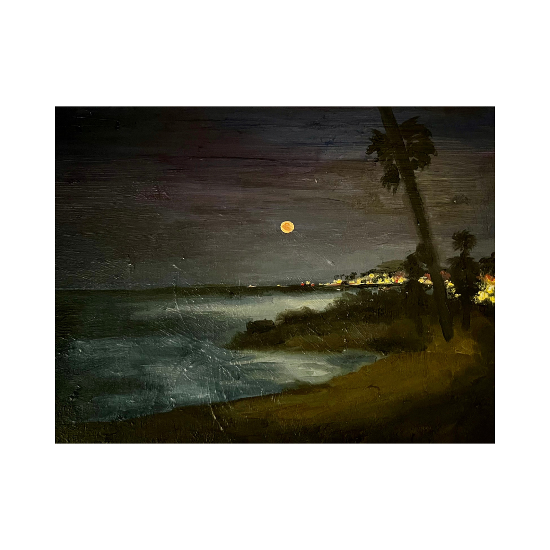 Night scene of a California beach under a dark sky with a bright moon, leaning palm trees, and a distant shoreline with lights.
