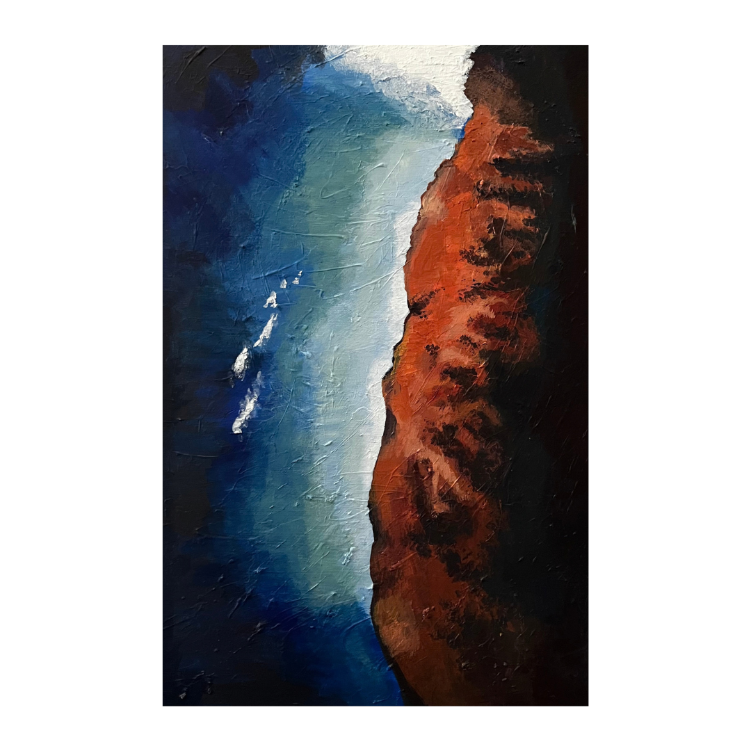 Abstract painting of a coastal landscape with a red cliff on the right and blue ocean waves on the left.