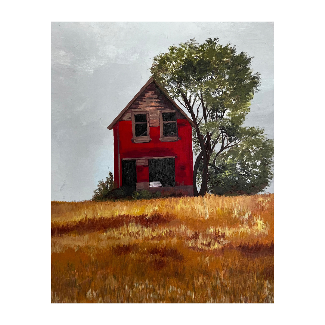 Painting of a rustic red house with a peaked roof, surrounded by a tree and a field of yellow grass.