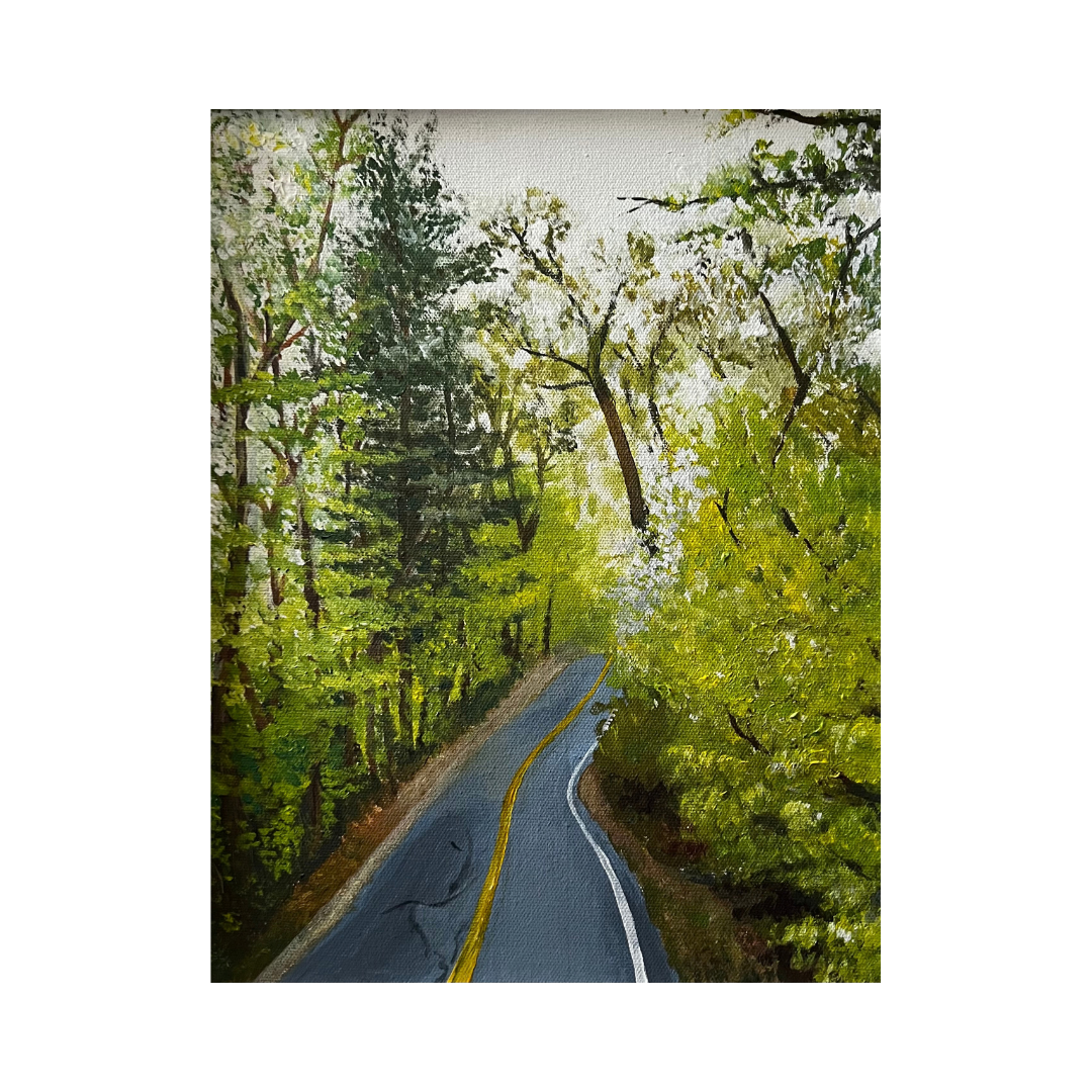 A painted depiction of a winding road in Central Massachusetts through a forest with green trees and a cloudy sky.