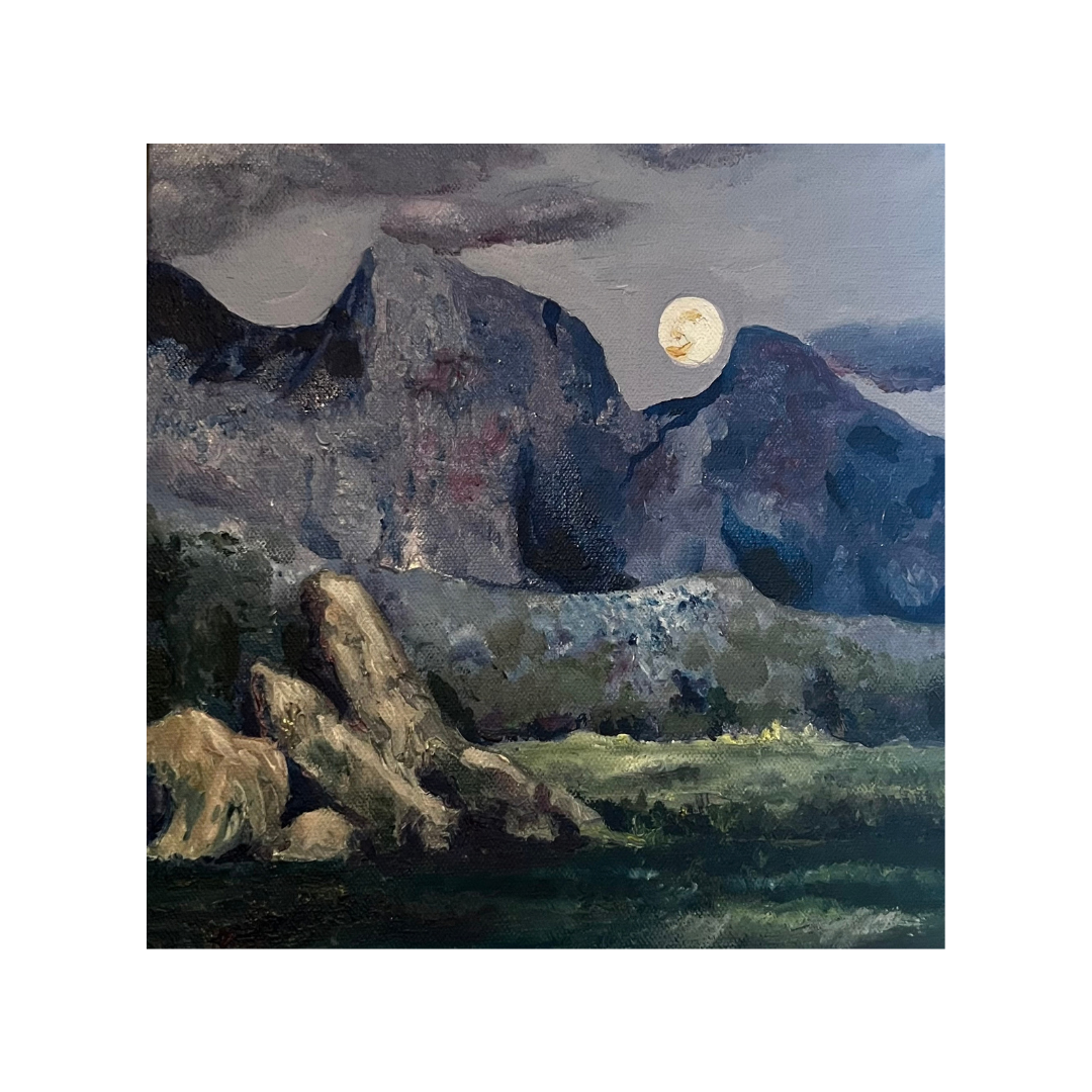 A painting of a mountain landscape under a moonlit night sky with clouds, rocky formations, and a grassy foreground.