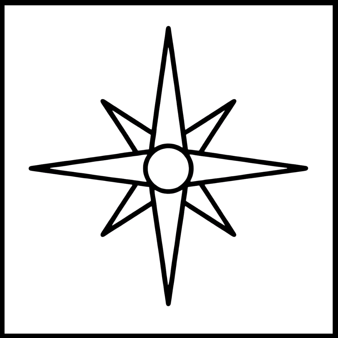 Geometric drawing of an outline square with sections divided by vertical, horizontal, and diagonal lines.