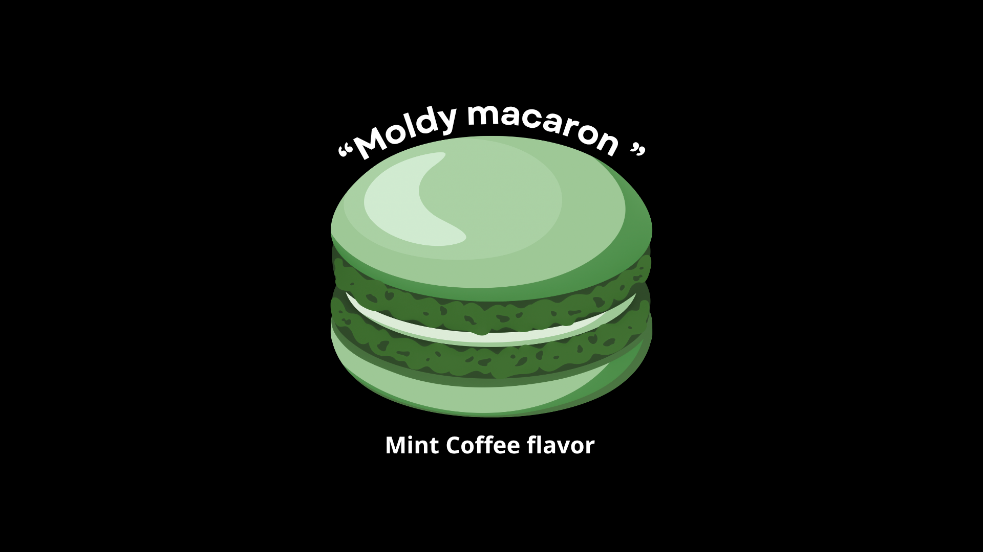Ilustración de una hamburguesa de color verde con una capa de pan, carne, y queso, con texto en inglés y español que dice 'Moldy macaron' y 'Sabor a menta de café'.