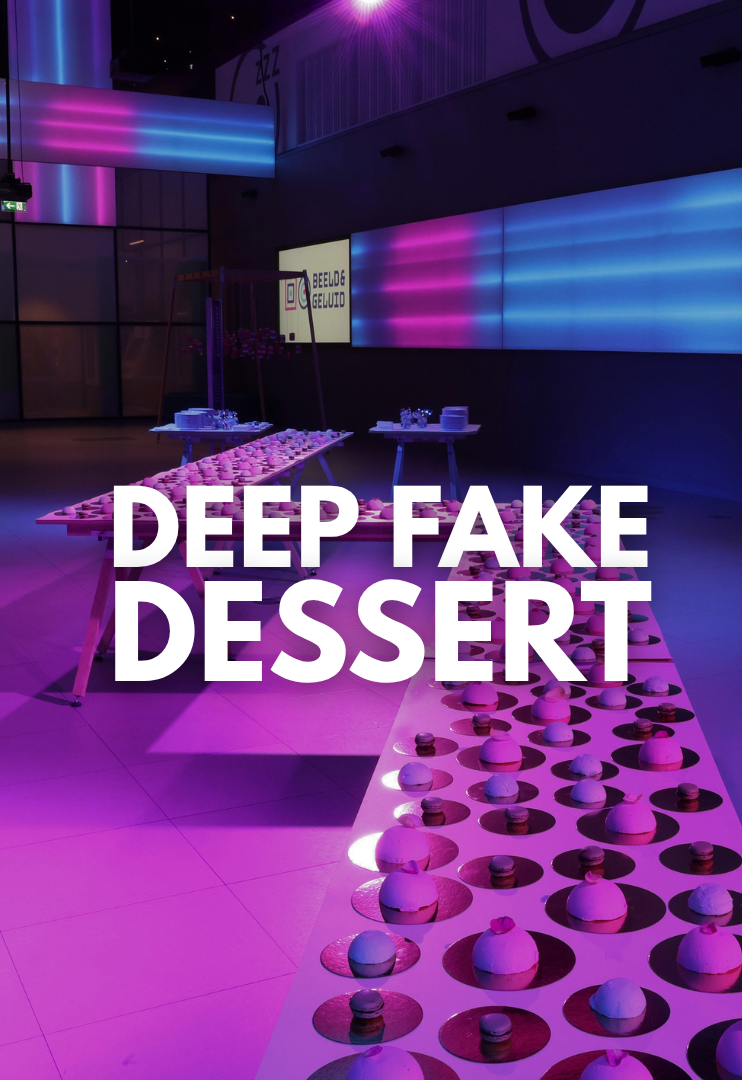 Decoración de postres de mentira en tonos morados y azules en un espacio con iluminación colorida, con el texto 'Deep Fake Dessert' en primer plano.